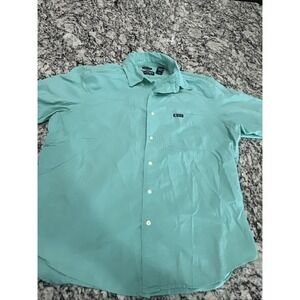 Mens Chaps Easy‎ Care Button Up Green Short Sleeve Shirt L Pocket W Logo